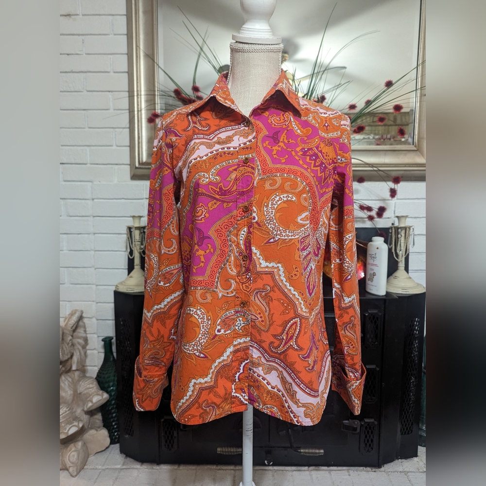 🔥Talbots Vintage Vibrant Orange and Pink Paisley Long Sleeve Blouse